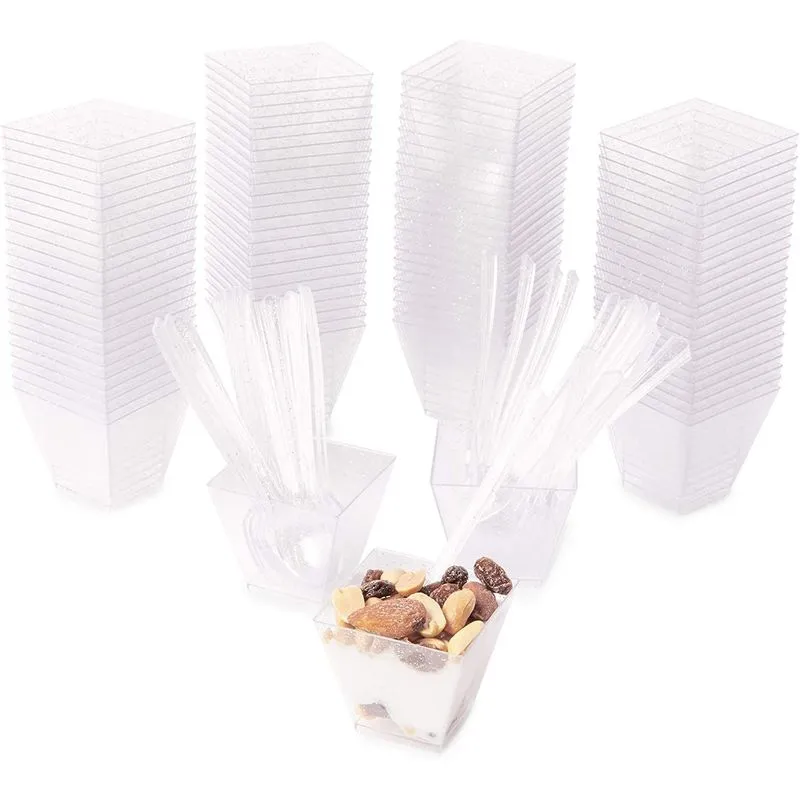 100 Silver Glitter Mini Dessert Cups with 100 Spoons (2 oz)