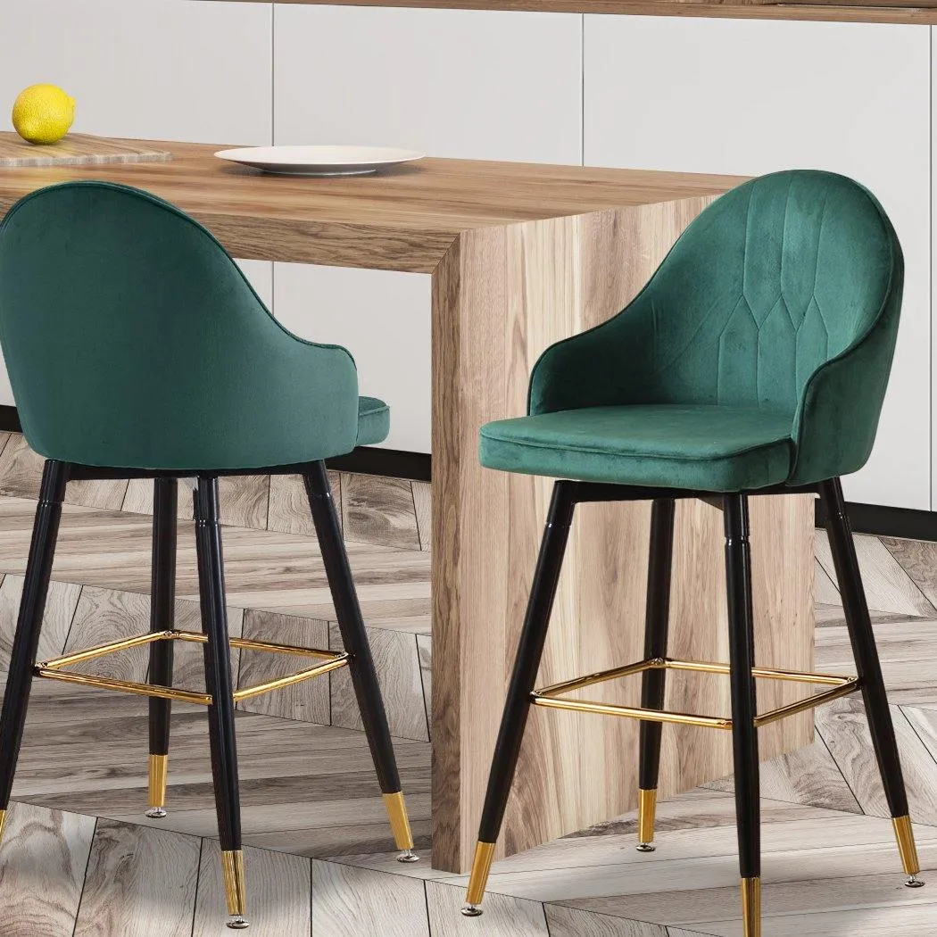 2x Bar Stools Stool Kitchen Chairs Swivel Velvet Barstools Vintage Green