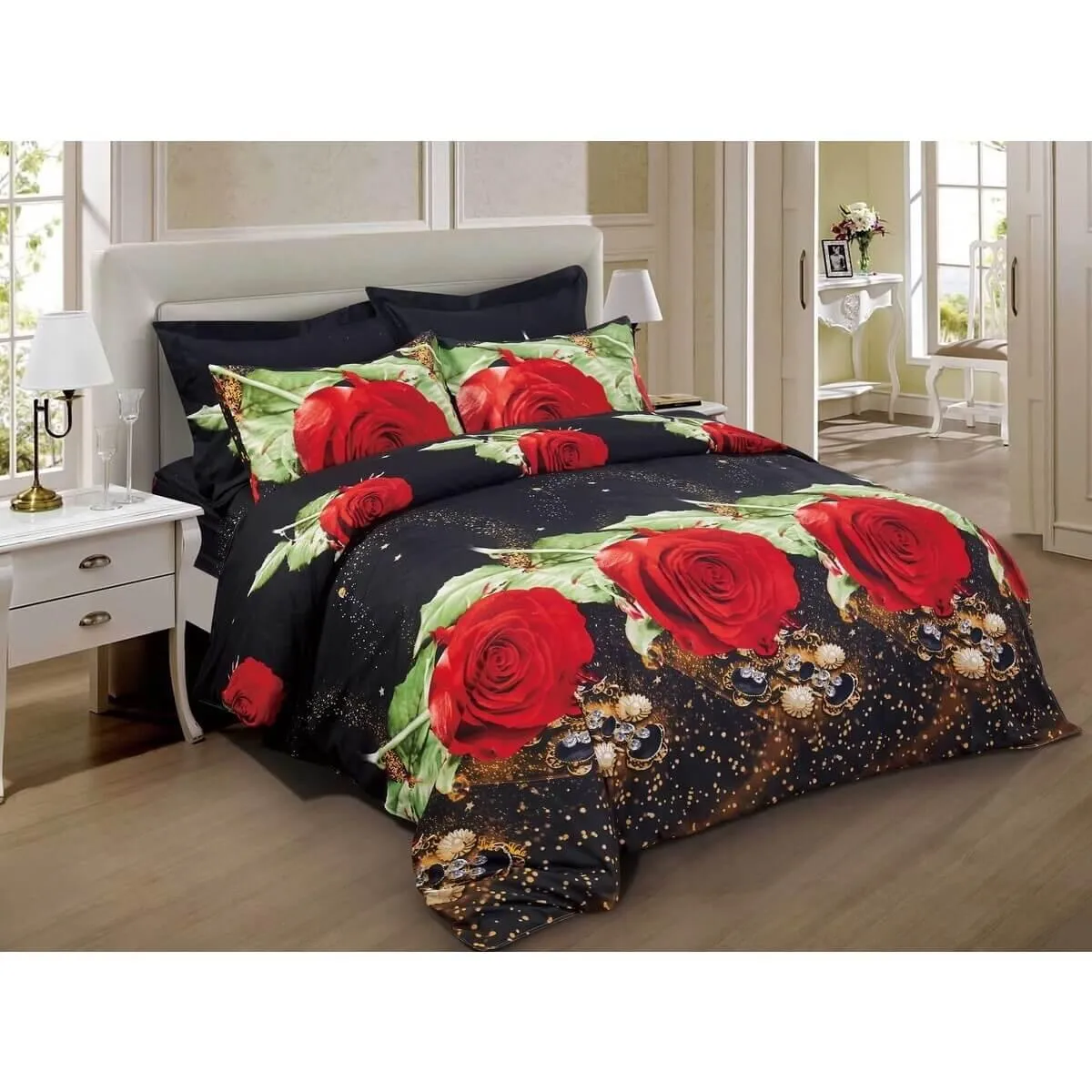 6 Piece Duvet Cover Set, Luxury Bedding - Night Rose  (King & Queen Size)