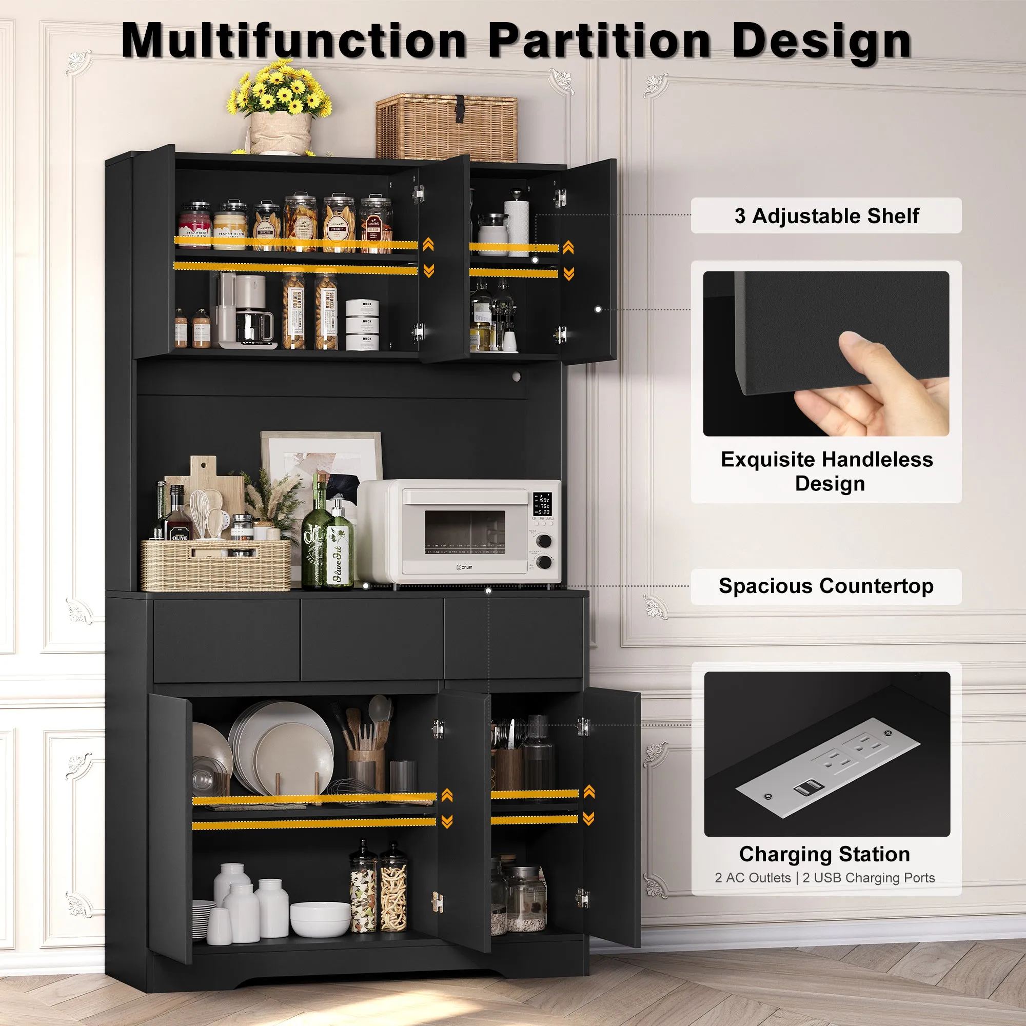 71.3 inch Kitchen Pantry, High Storage Cabinet with LED light and Charge Station