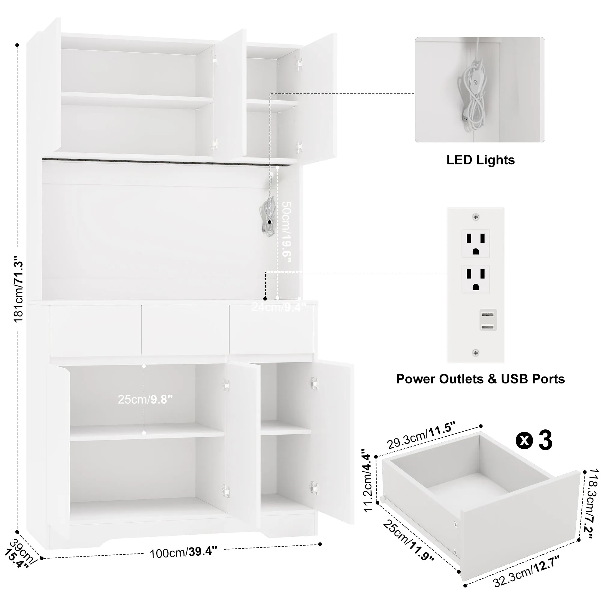 71.3 inch Kitchen Pantry, High Storage Cabinet with LED light and Charge Station