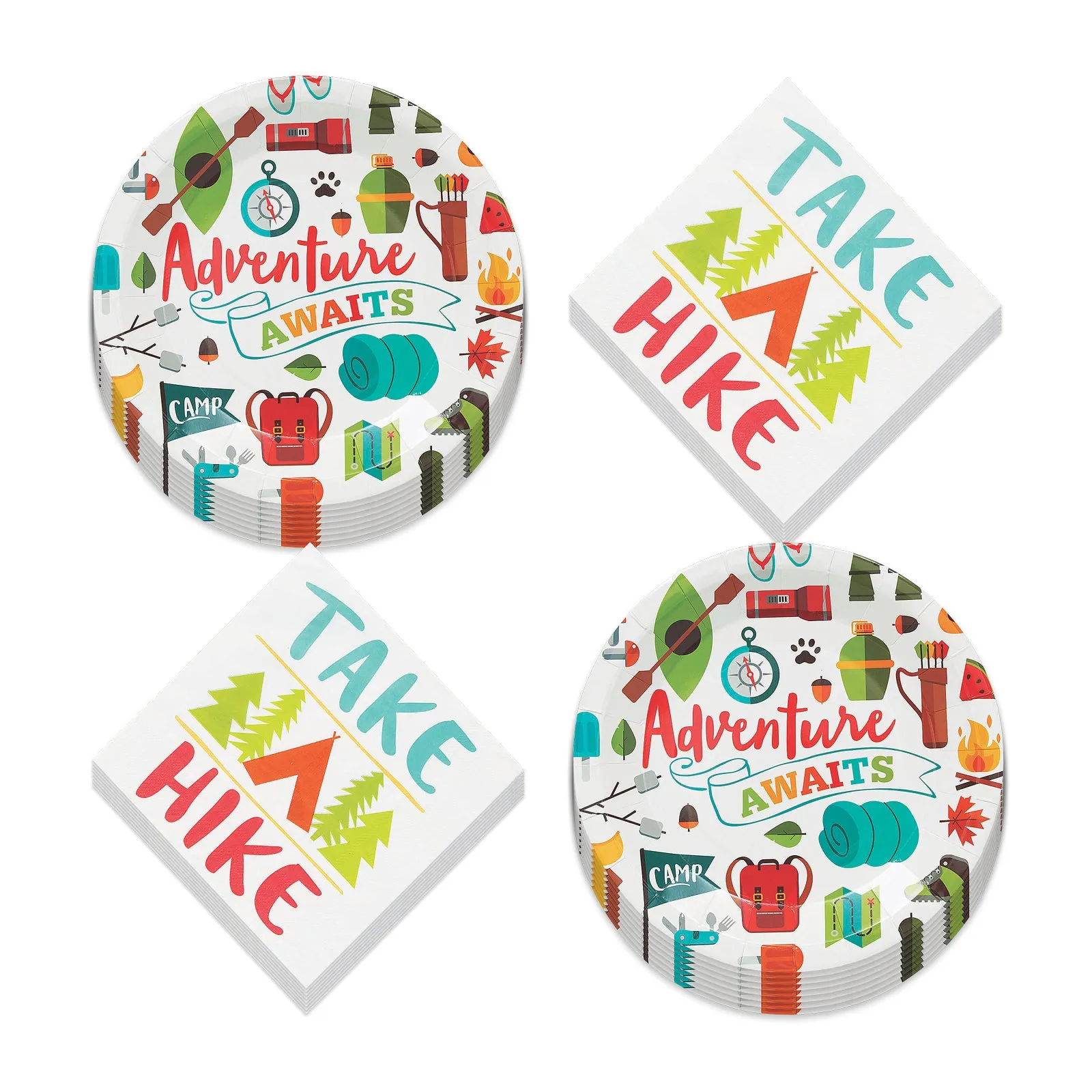 Camping Adventure Awaits Paper Dinner Plates and Take A Hike Lunch Napkins (Serves 16)