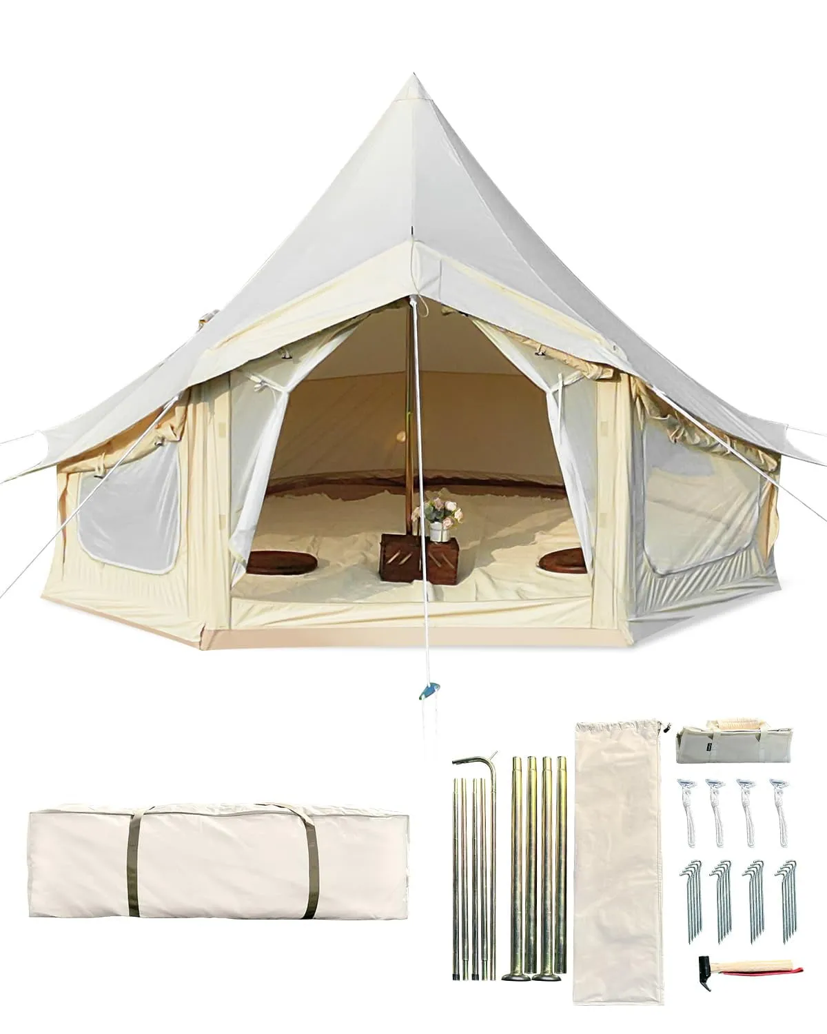 classic Canvas Bell Tent, 4 Seasons Yurt Tent with 2 Stove Jack, 4 Mesh Zippers Windows, Breathable Waterproof Tent Suitable for 4-12 People, Family Camping Outdoor Party