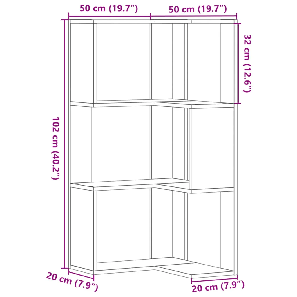 Corner Bookcase 3-Tier Old Wood 50x50x102 cm Engineered Wood