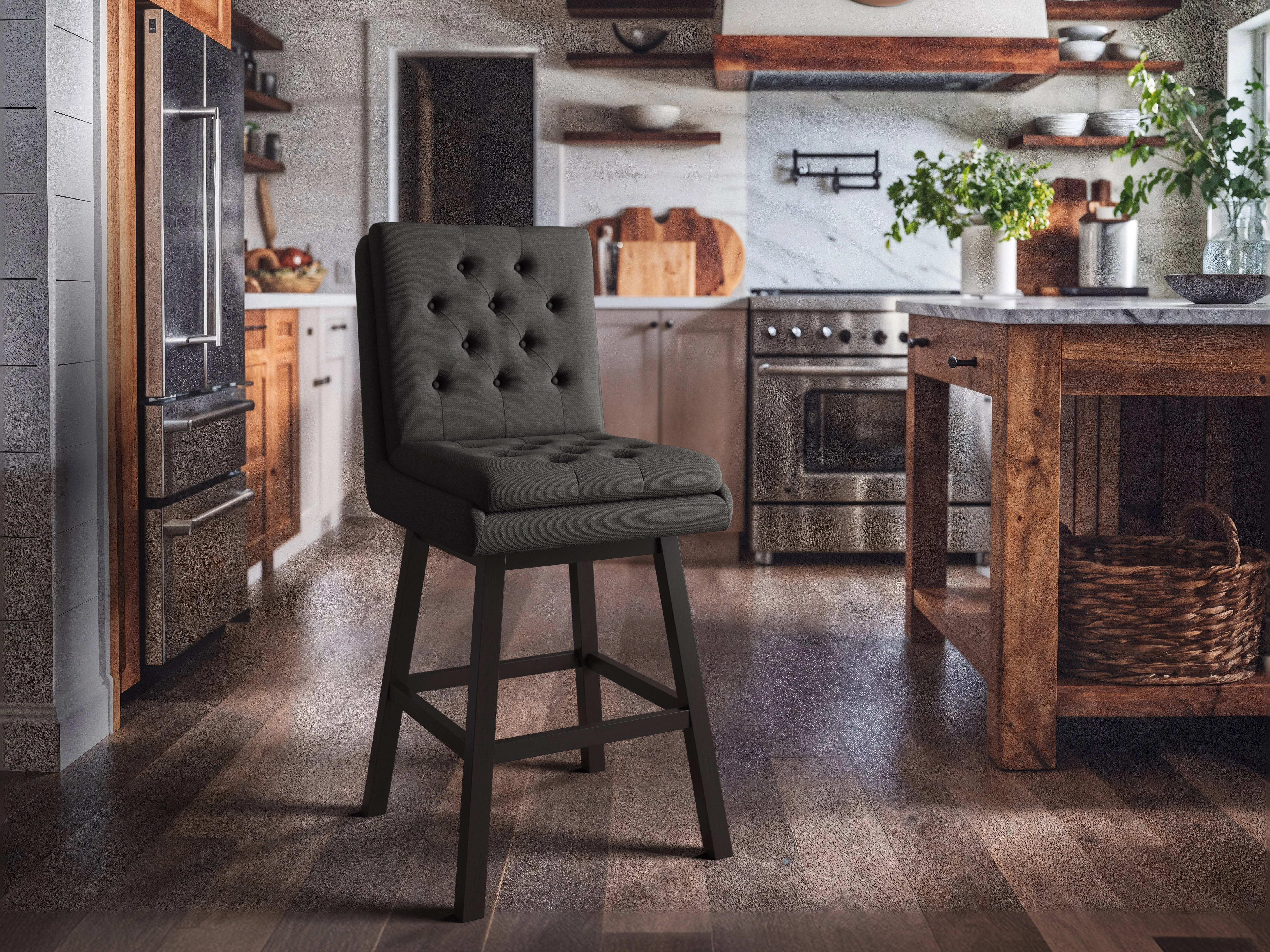 Dark Grey Button Tufted Bar Stools