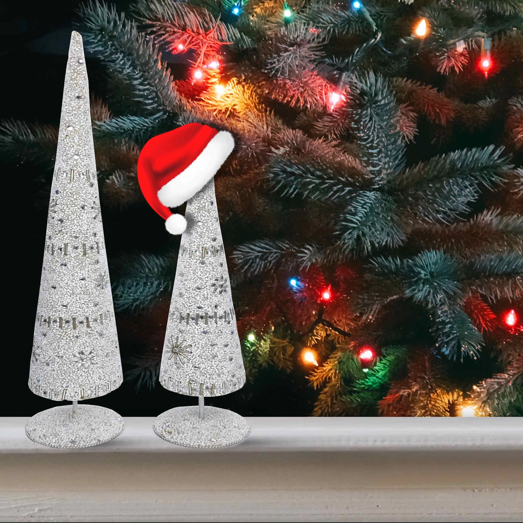 Enchanted Beaded Cone Christmas Tree in White, Set of 2