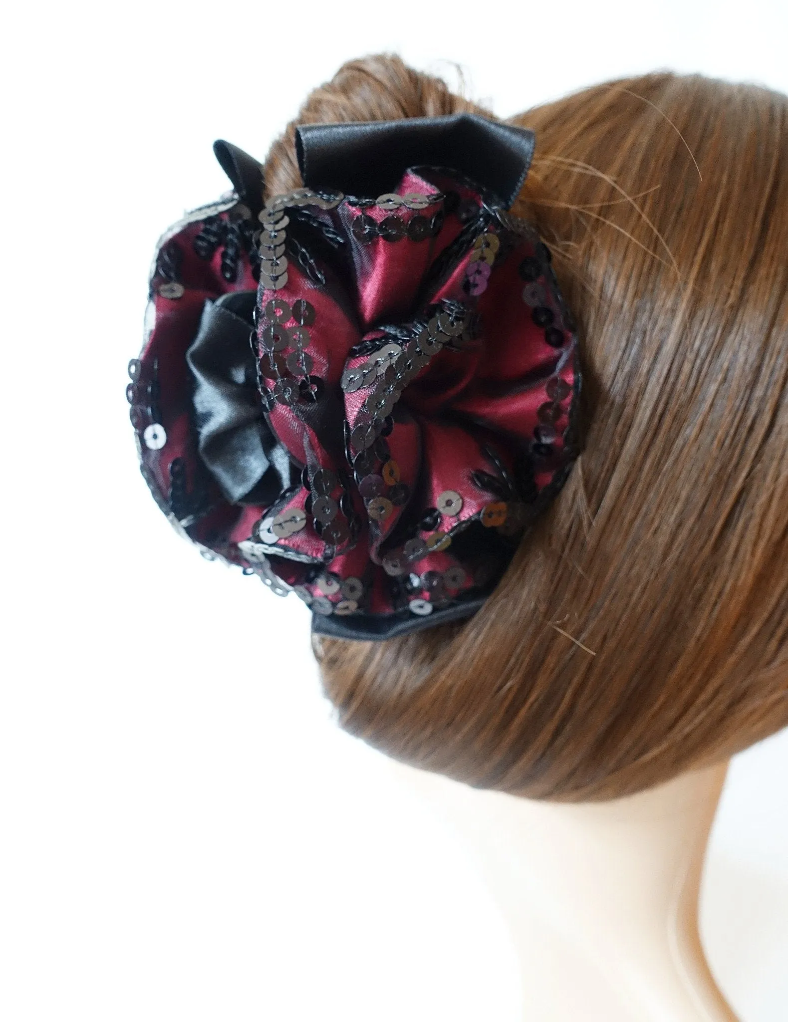 Handmade Premium Satin Fabric Flower Bow Sequin Spangle Hair Jaw Clip