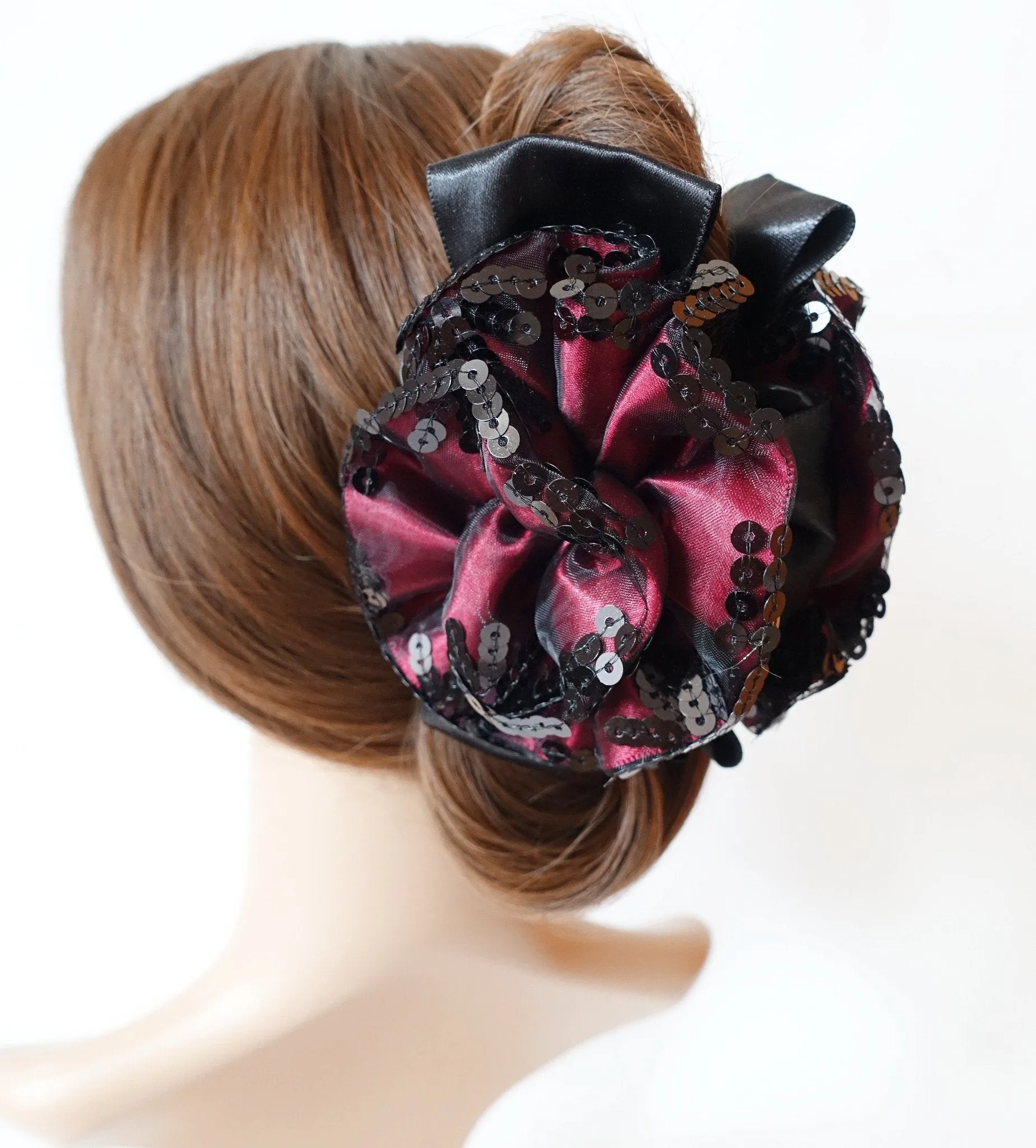 Handmade Premium Satin Fabric Flower Bow Sequin Spangle Hair Jaw Clip