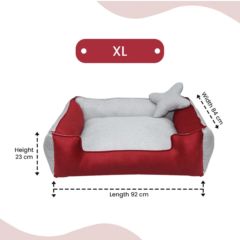 Hiputee Ultra Soft Rectangular Reversible Fleece/Velvet Bed with Pillow for Dogs and Cats (Red, Light Grey)