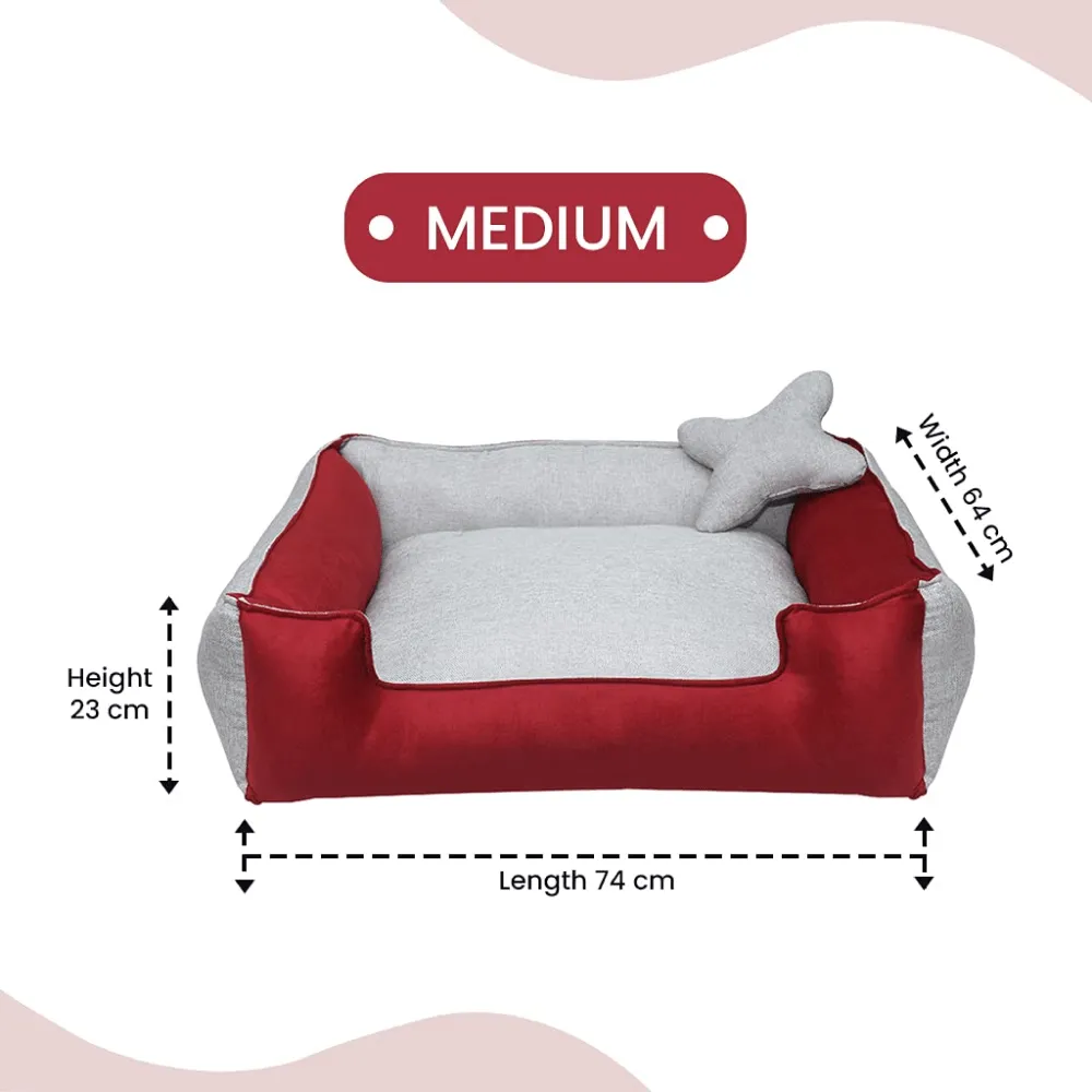 Hiputee Ultra Soft Rectangular Reversible Fleece/Velvet Bed with Pillow for Dogs and Cats (Red, Light Grey)