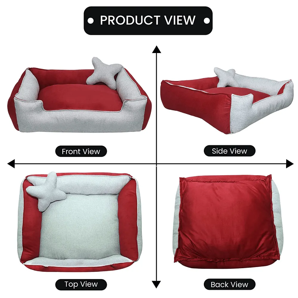 Hiputee Ultra Soft Rectangular Reversible Fleece/Velvet Bed with Pillow for Dogs and Cats (Red, Light Grey)