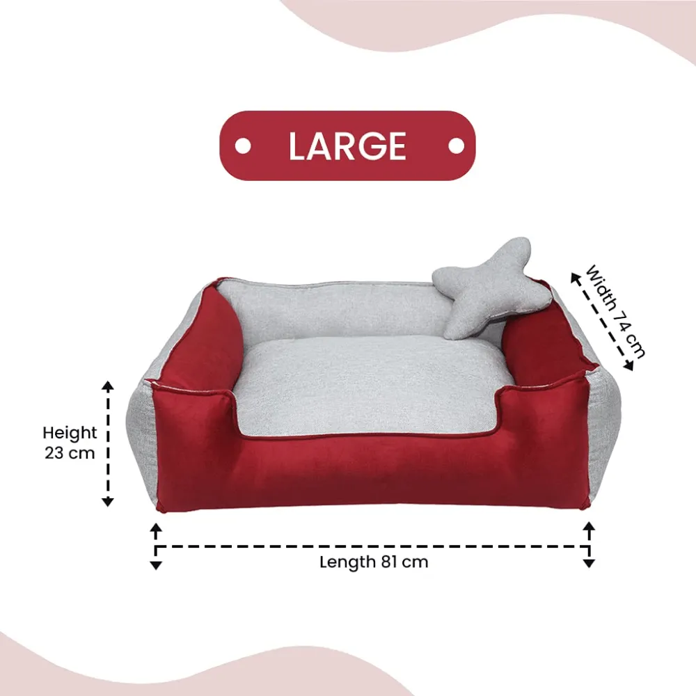 Hiputee Ultra Soft Rectangular Reversible Fleece/Velvet Bed with Pillow for Dogs and Cats (Red, Light Grey)