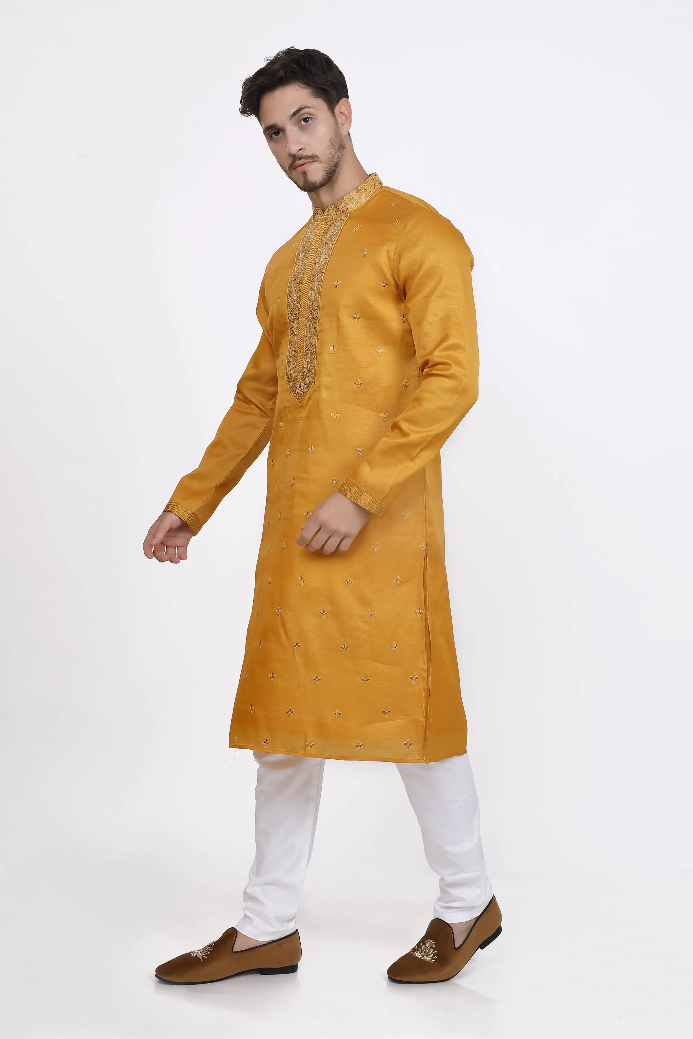 Mustard yellow mens kurta pyjama set