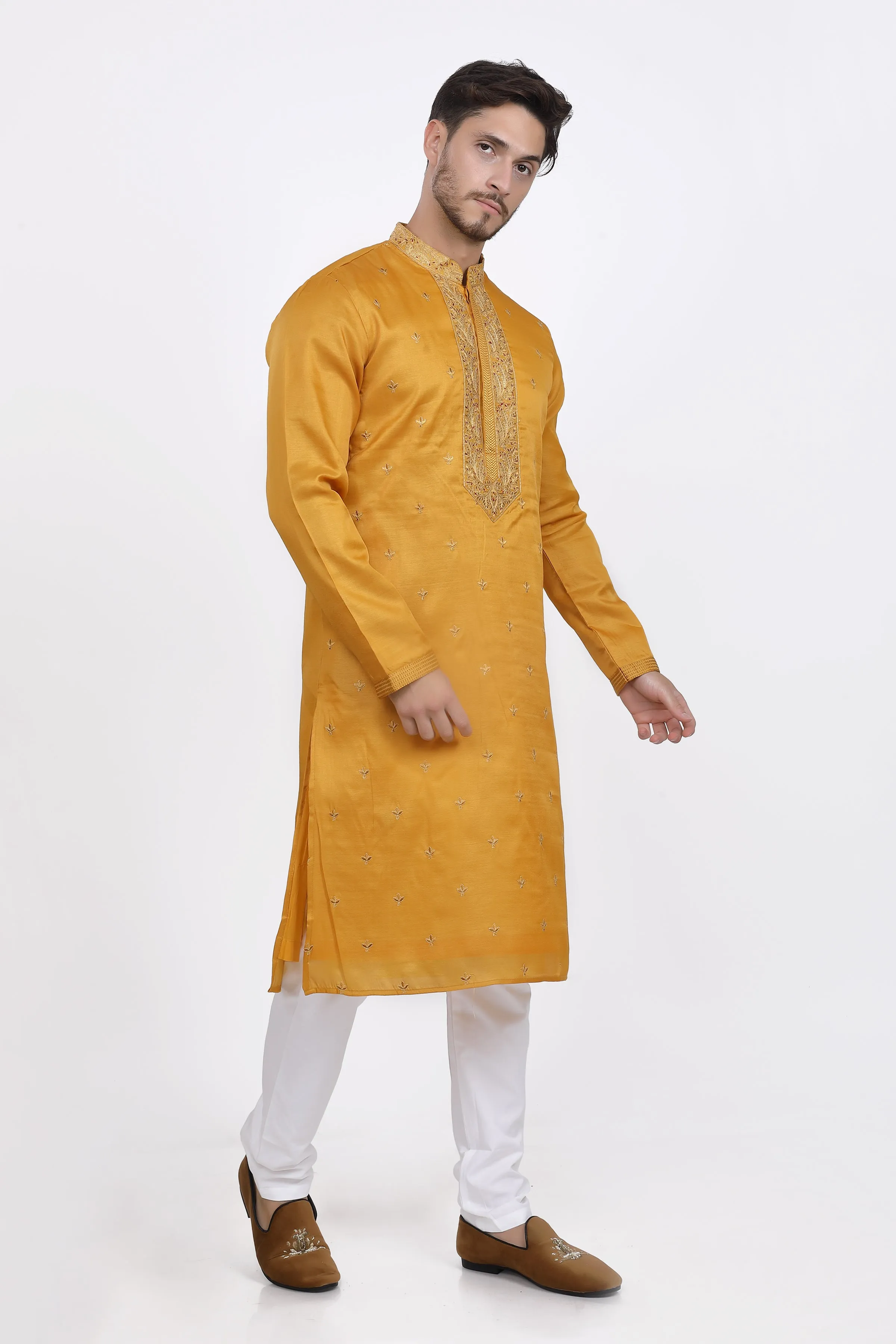 Mustard yellow mens kurta pyjama set