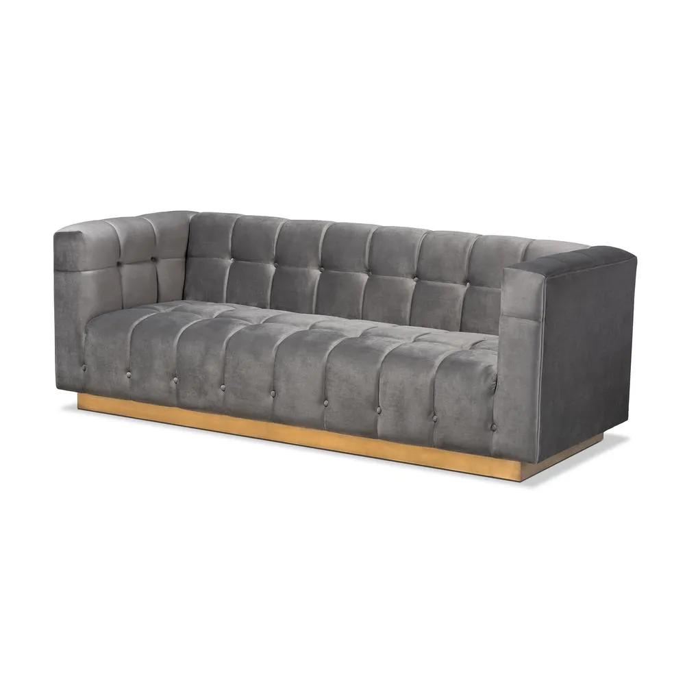 Opulent Luxe Grey Velvet Fabric Upholstered Brushed Gold Finished Sofa