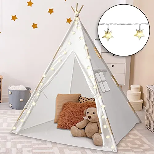 Orian Toys Teepee Tent for Kids: Child’s Indoor Outdoor Canvas Fairytale Tipi Playroom, LED Star Lights, Easy Assembly, 59 by 45 Inches, Ages 3 