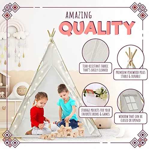 Orian Toys Teepee Tent for Kids: Child’s Indoor Outdoor Canvas Fairytale Tipi Playroom, LED Star Lights, Easy Assembly, 59 by 45 Inches, Ages 3 