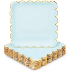 Pastel Blue Square Paper Plates, Gold Foil Scalloped Edge (9 In, 48 Pack)