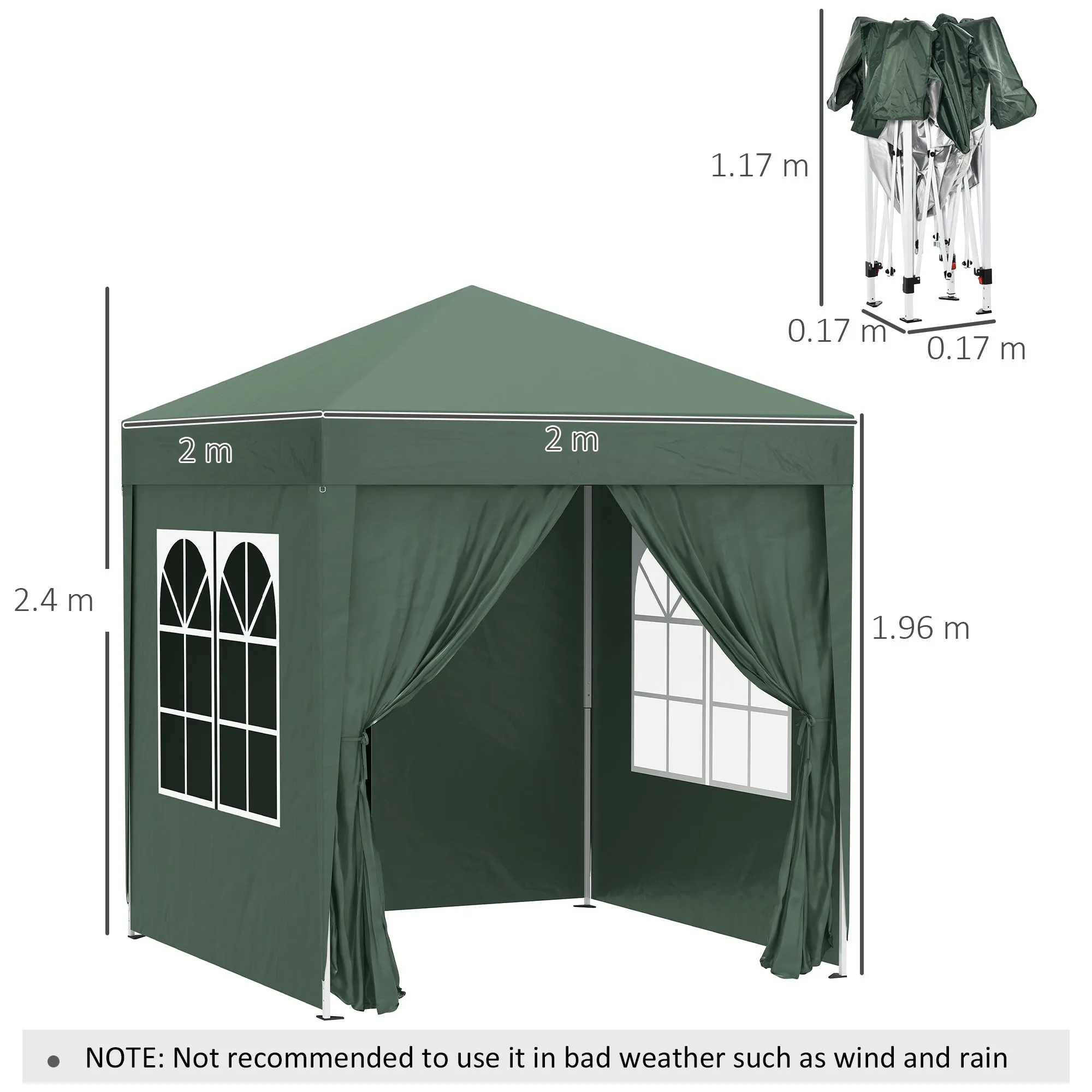 Pop Up Gazebo Canopy, size (2 x 2m)-Green