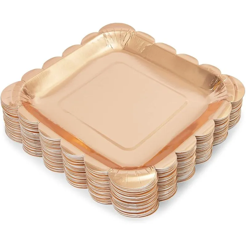 Rose Gold Square Paper Plates with Scalloped Edge (7 Inches, 48 Pack)