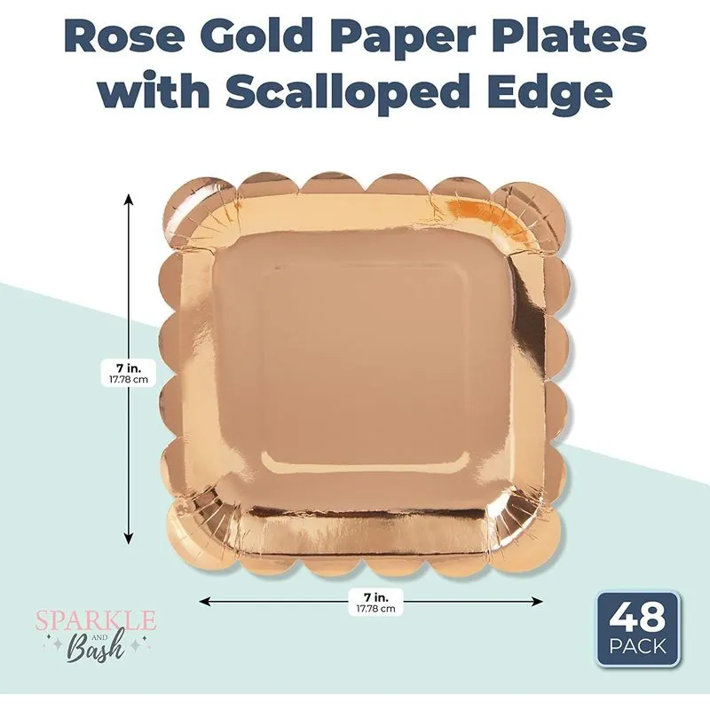 Rose Gold Square Paper Plates with Scalloped Edge (7 Inches, 48 Pack)