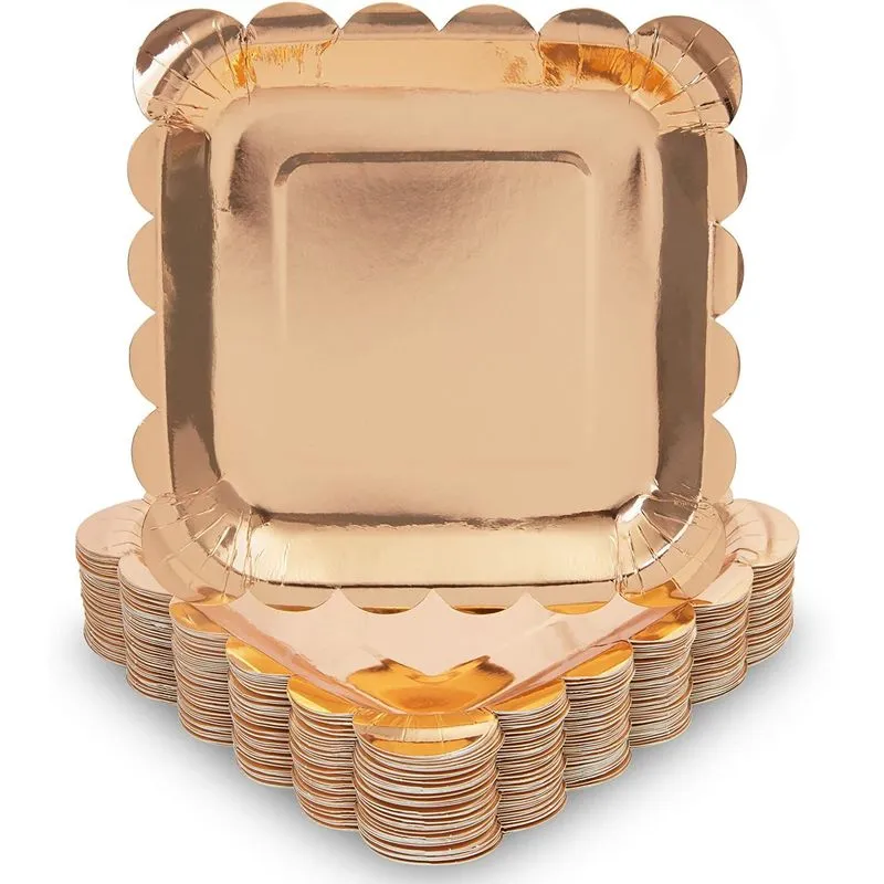 Rose Gold Square Paper Plates with Scalloped Edge (7 Inches, 48 Pack)