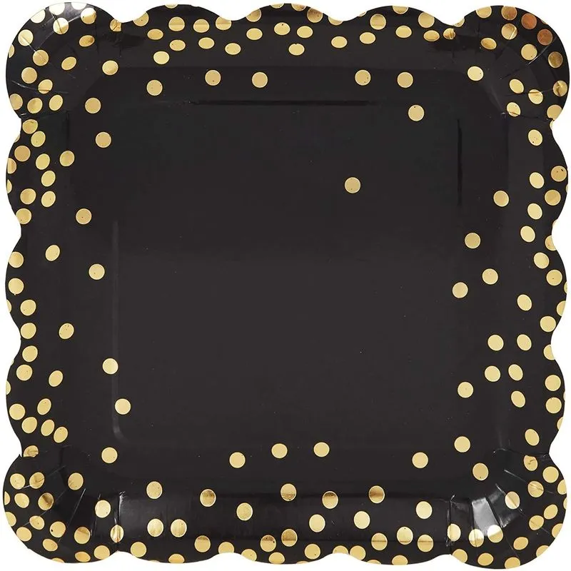 Square Confetti Paper Plates, Scalloped Edge (Black, 9 In, 48 Pack)