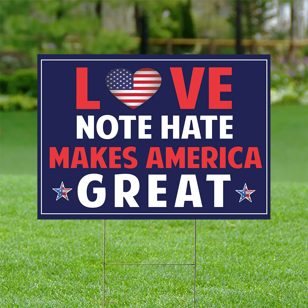 Teesdily | America Yard Sign, Garden Decor, Love Note Hate Makes America Great Yard Sign, American Garden Metal Sign, Banner Outdoor Sign