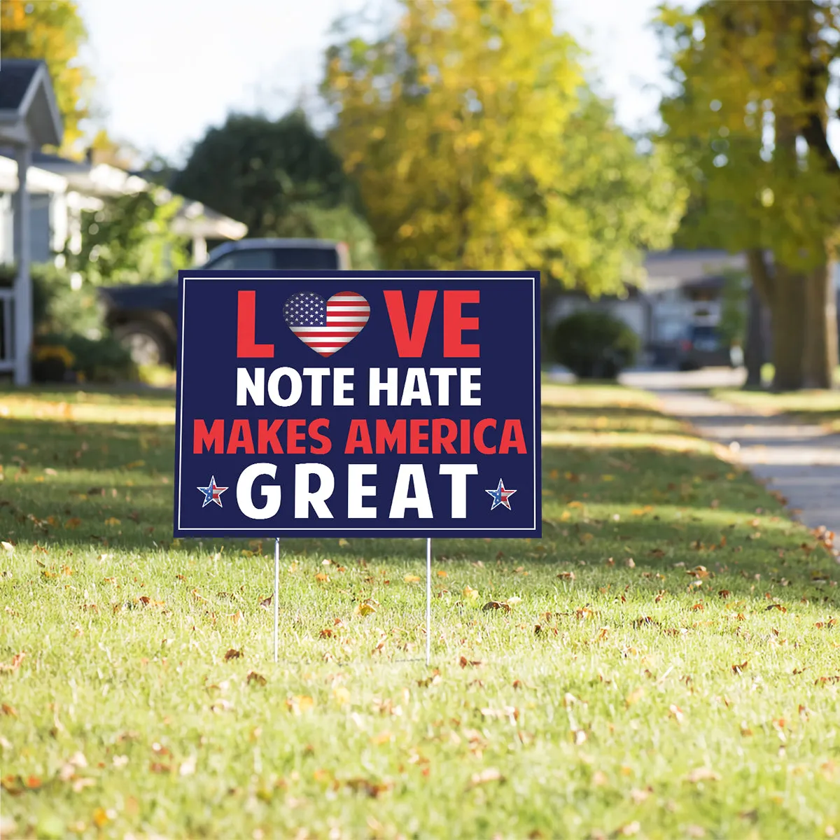 Teesdily | America Yard Sign, Garden Decor, Love Note Hate Makes America Great Yard Sign, American Garden Metal Sign, Banner Outdoor Sign