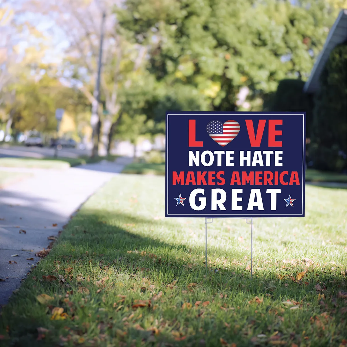 Teesdily | America Yard Sign, Garden Decor, Love Note Hate Makes America Great Yard Sign, American Garden Metal Sign, Banner Outdoor Sign