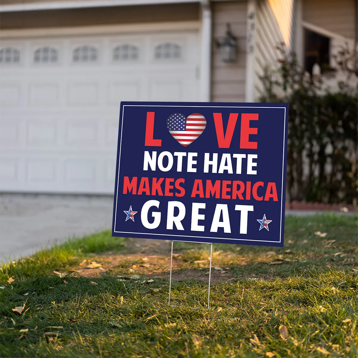 Teesdily | America Yard Sign, Garden Decor, Love Note Hate Makes America Great Yard Sign, American Garden Metal Sign, Banner Outdoor Sign