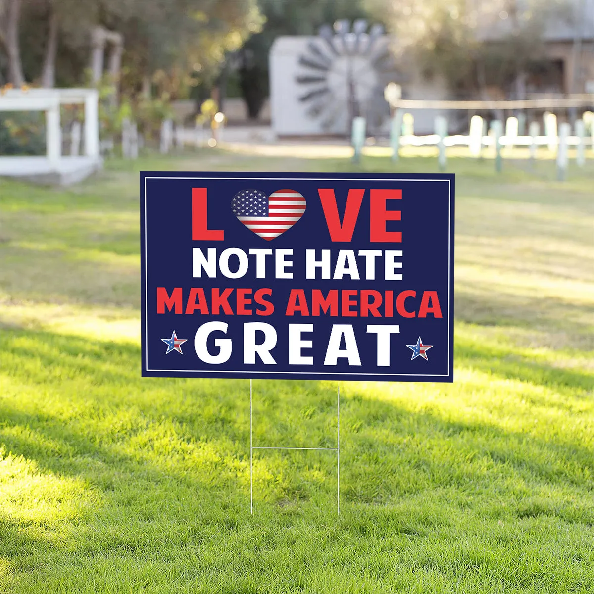 Teesdily | America Yard Sign, Garden Decor, Love Note Hate Makes America Great Yard Sign, American Garden Metal Sign, Banner Outdoor Sign