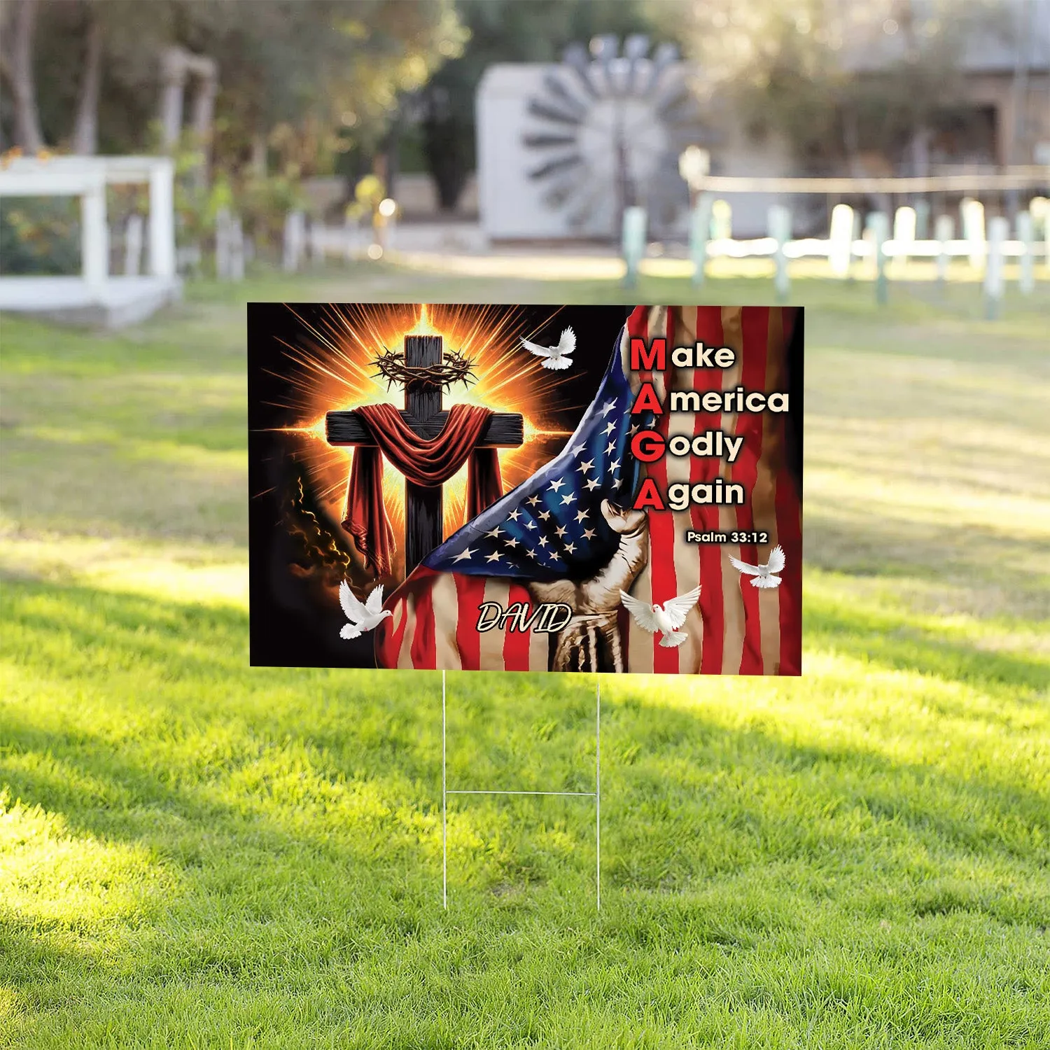 Teesdily | Customized Jesus Cross American Flag Yard Sign, Make America Godly Again Psalm 33 12 Outdoor Sign, Christian Art Lawn Sign, Garden Decor