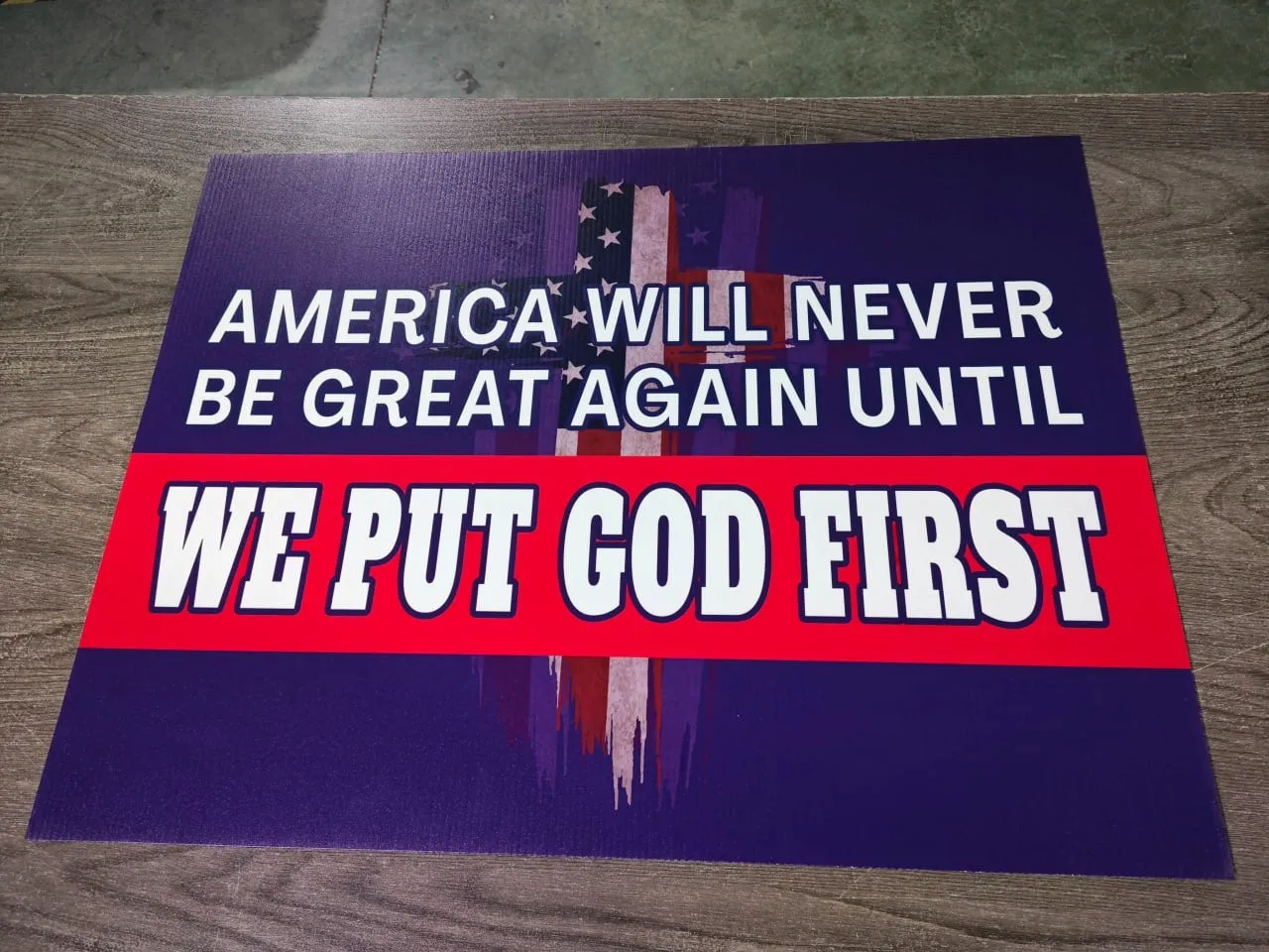 Teesdily | Jesus American Yard Sign, America Will Never Be Great Again Until We Put God First Yard Sign, Christian American Garden Metal Sign