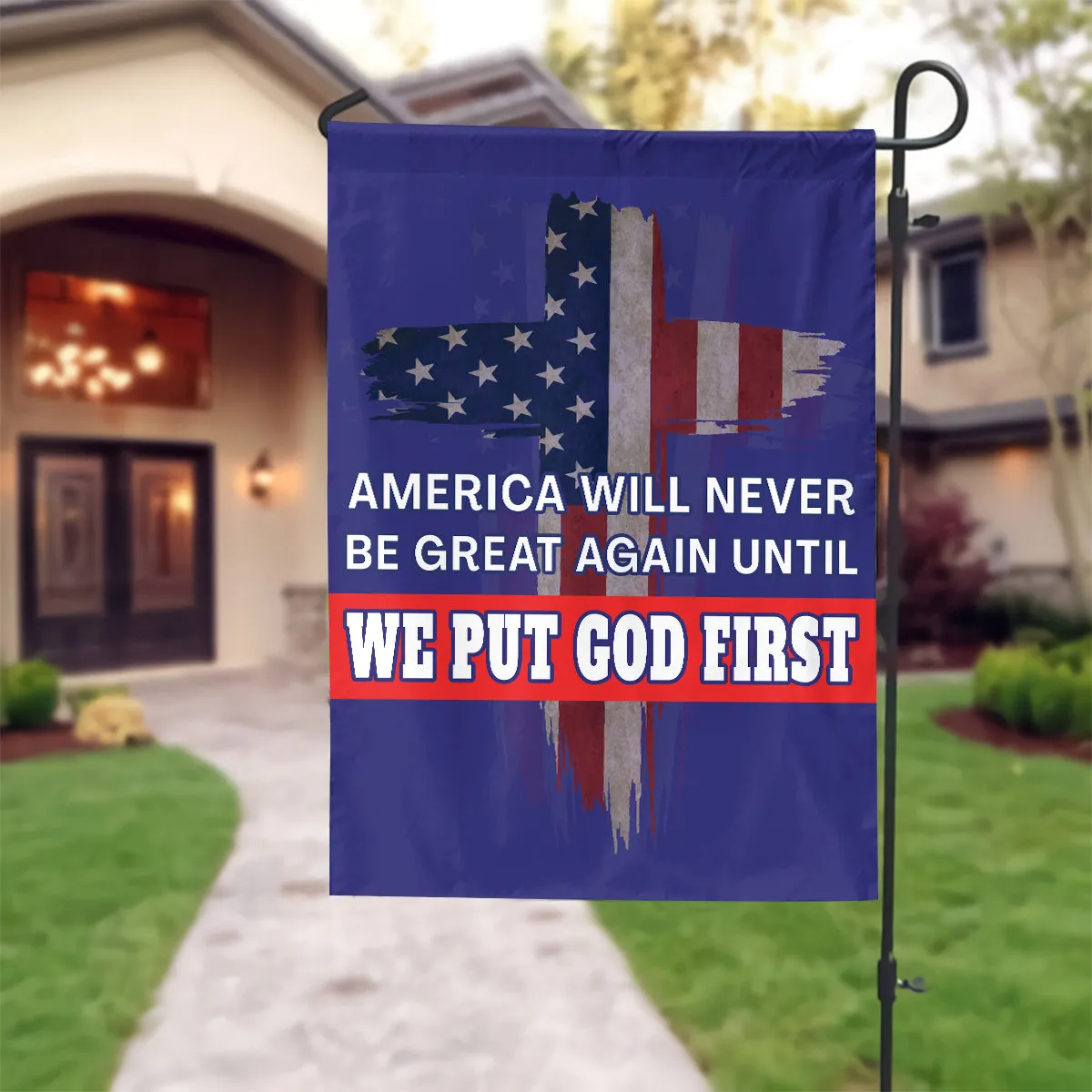 Teesdily | Jesus American Yard Sign, America Will Never Be Great Again Until We Put God First Yard Sign, Christian American Garden Metal Sign