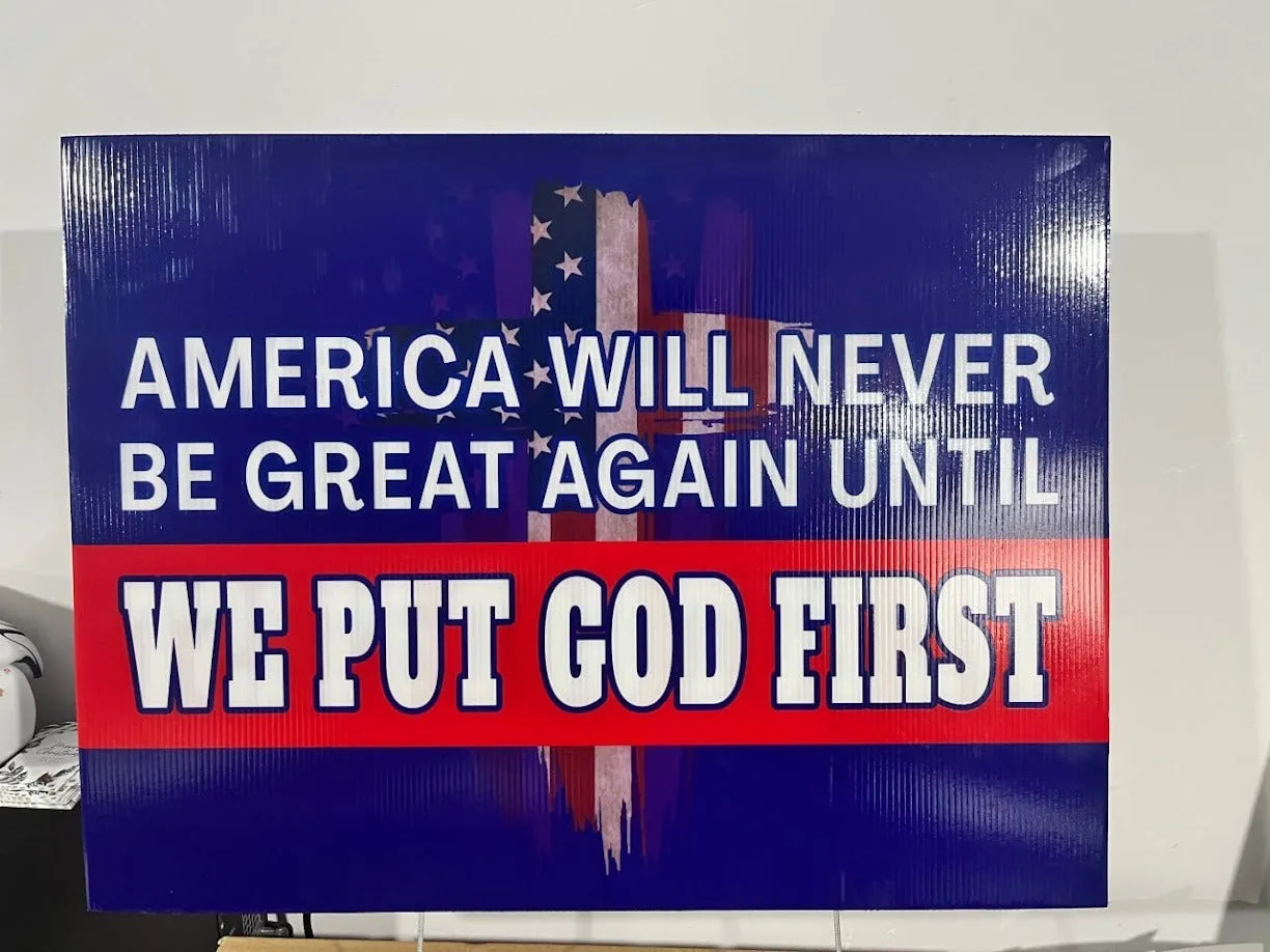 Teesdily | Jesus American Yard Sign, America Will Never Be Great Again Until We Put God First Yard Sign, Christian American Garden Metal Sign