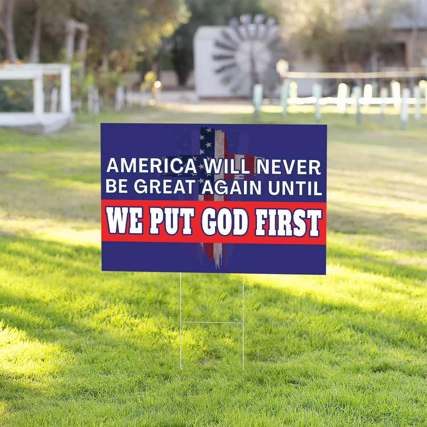 Teesdily | Jesus American Yard Sign, America Will Never Be Great Again Until We Put God First Yard Sign, Christian American Garden Metal Sign