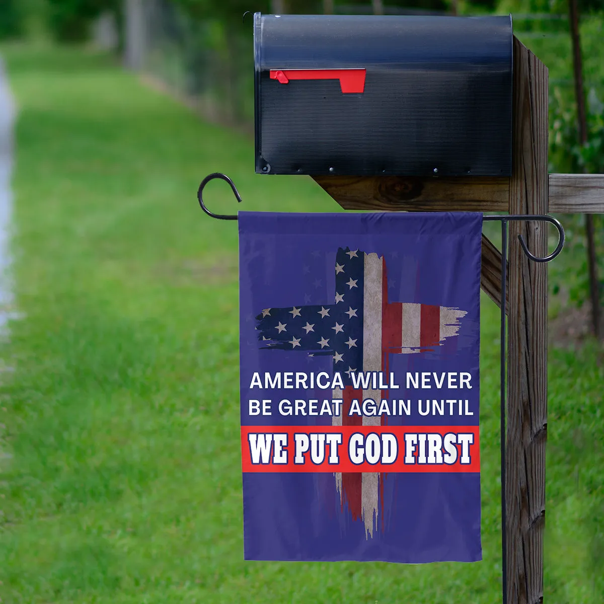 Teesdily | Jesus American Yard Sign, America Will Never Be Great Again Until We Put God First Yard Sign, Christian American Garden Metal Sign