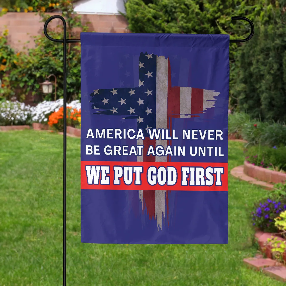 Teesdily | Jesus American Yard Sign, America Will Never Be Great Again Until We Put God First Yard Sign, Christian American Garden Metal Sign