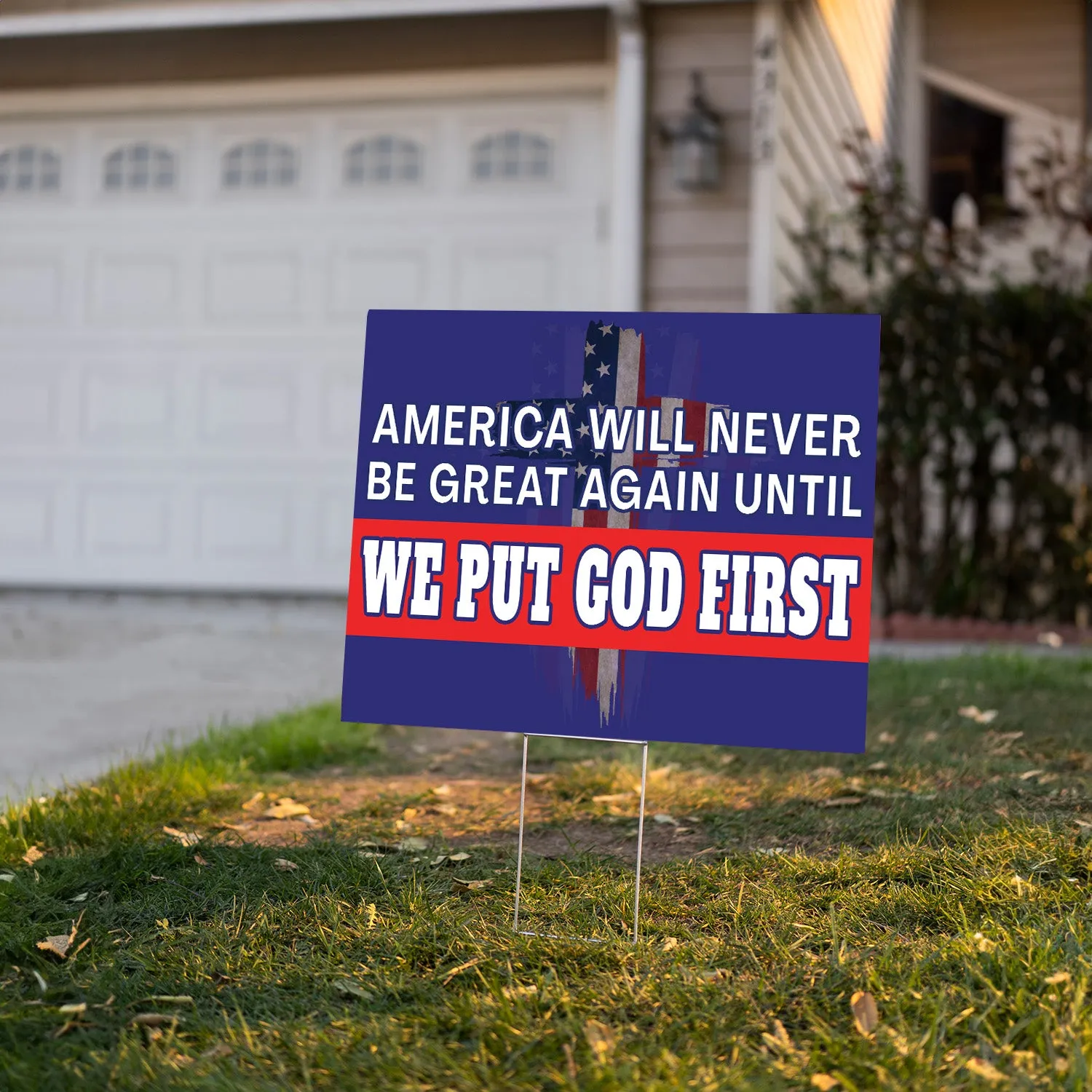 Teesdily | Jesus American Yard Sign, America Will Never Be Great Again Until We Put God First Yard Sign, Christian American Garden Metal Sign