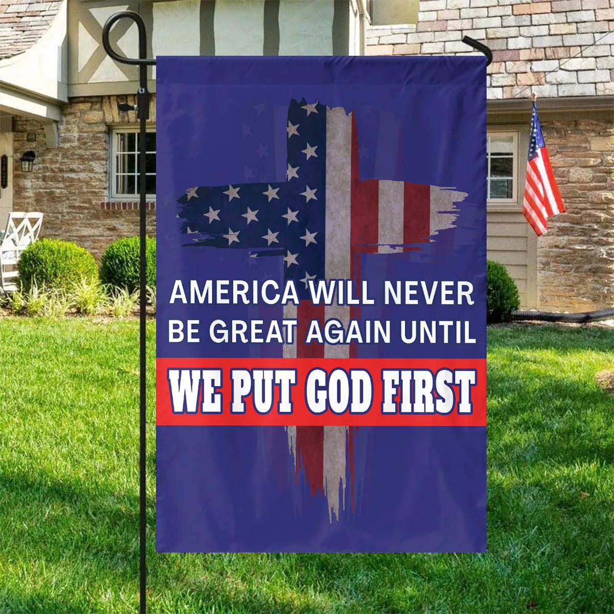 Teesdily | Jesus American Yard Sign, America Will Never Be Great Again Until We Put God First Yard Sign, Christian American Garden Metal Sign