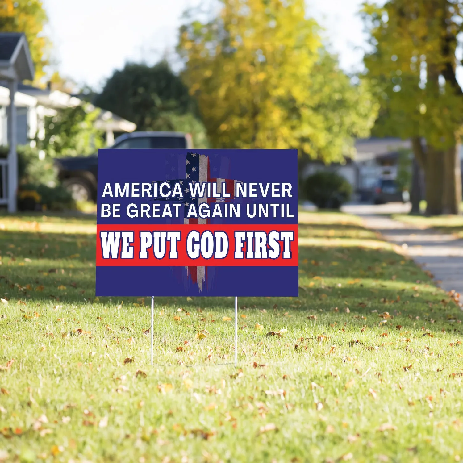 Teesdily | Jesus American Yard Sign, America Will Never Be Great Again Until We Put God First Yard Sign, Christian American Garden Metal Sign