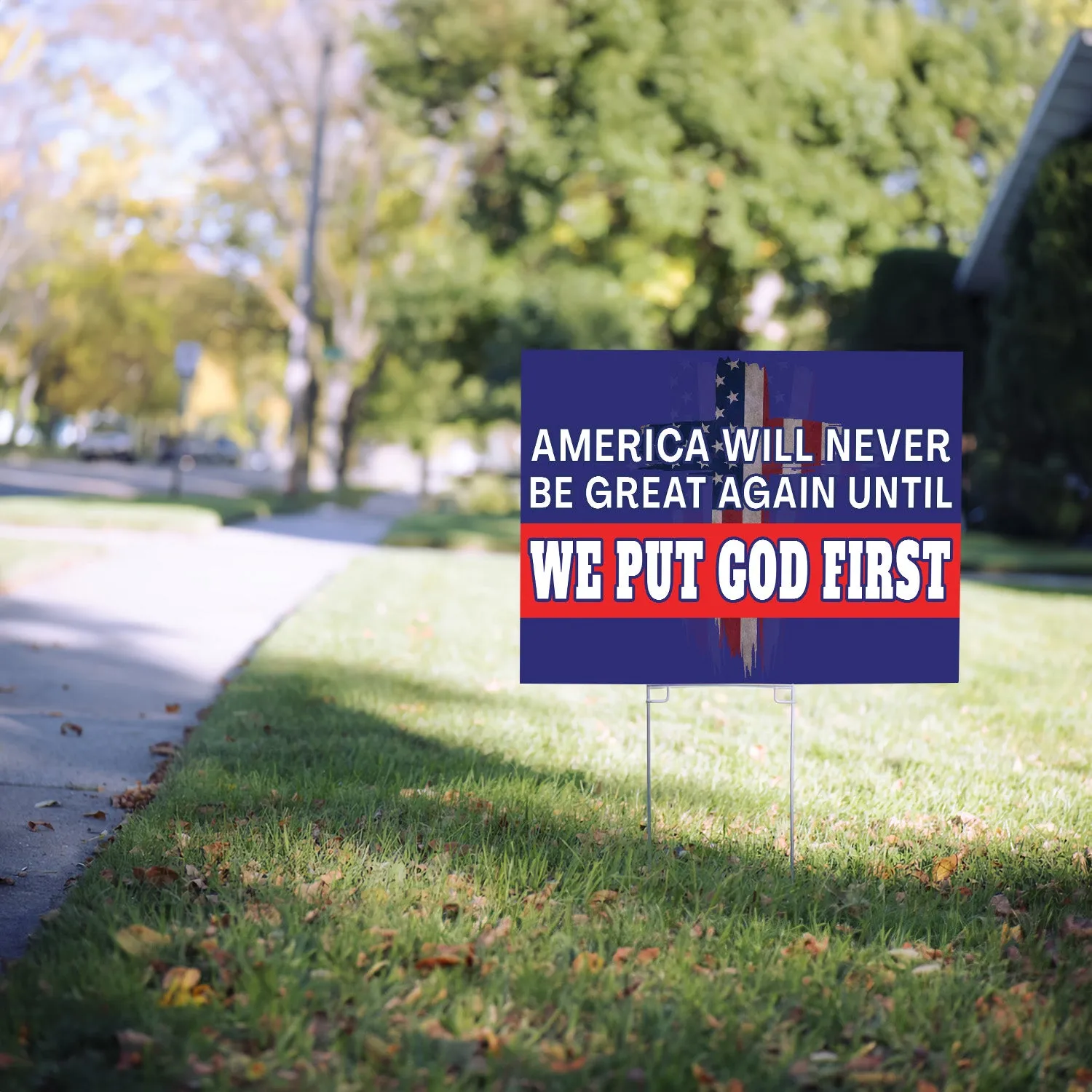 Teesdily | Jesus American Yard Sign, America Will Never Be Great Again Until We Put God First Yard Sign, Christian American Garden Metal Sign