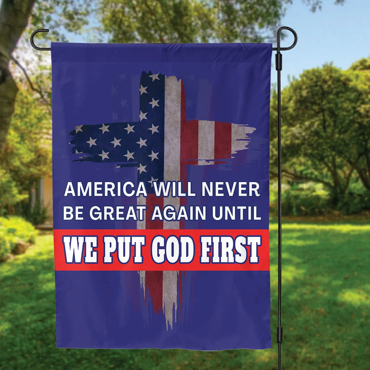 Teesdily | Jesus American Yard Sign, America Will Never Be Great Again Until We Put God First Yard Sign, Christian American Garden Metal Sign