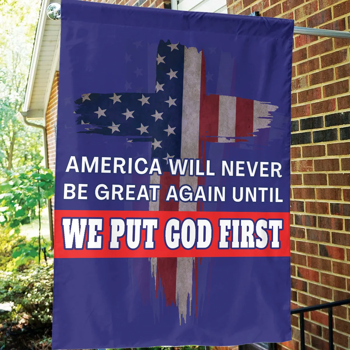 Teesdily | Jesus American Yard Sign, America Will Never Be Great Again Until We Put God First Yard Sign, Christian American Garden Metal Sign