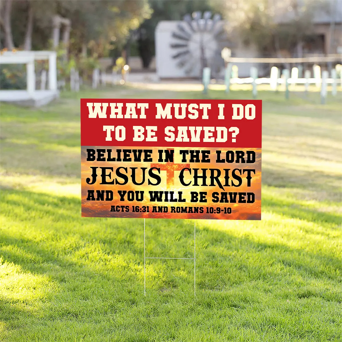 Teesdily | Jesus Bible Verse Yard Sign, Believe On The Lord Jesus And You Will Be Saved, Christ American Garden Metal Sign, Christ Outdoor Sign