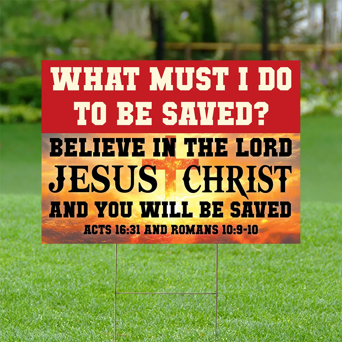 Teesdily | Jesus Bible Verse Yard Sign, Believe On The Lord Jesus And You Will Be Saved, Christ American Garden Metal Sign, Christ Outdoor Sign