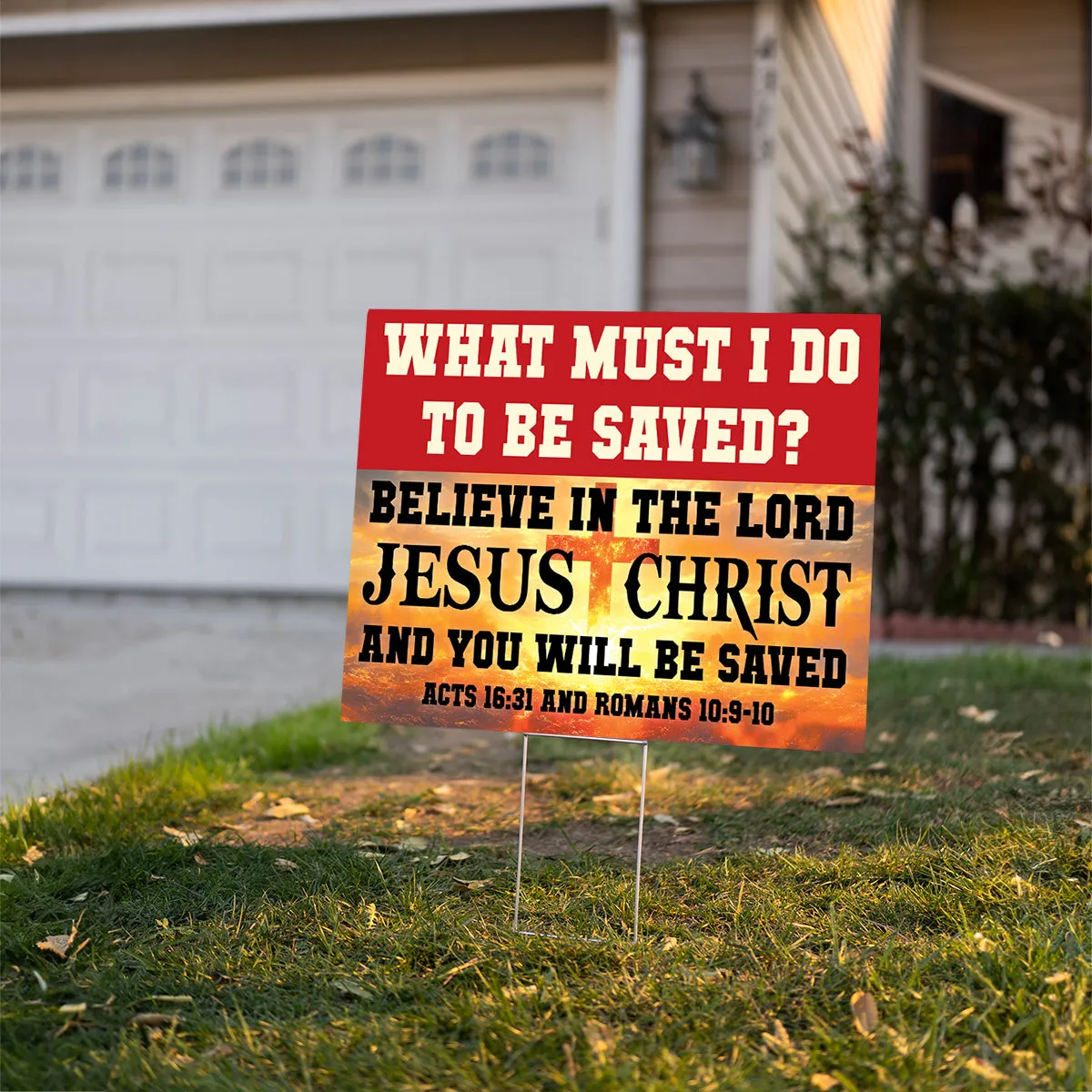 Teesdily | Jesus Bible Verse Yard Sign, Believe On The Lord Jesus And You Will Be Saved, Christ American Garden Metal Sign, Christ Outdoor Sign